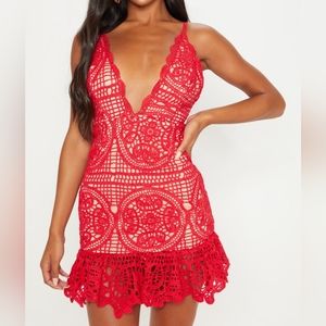 Red Strappy Thick Lace Frill Hem Bodycon Dress